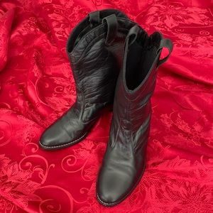 TicTacToes Black Leather Cowboy Boots Size 7 1/2 N Round Toe 3 1/2” Heel Women’s